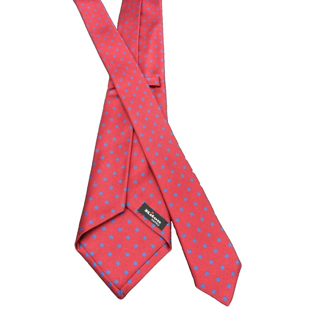 Kiton Napoli Repp 7 Fold 100% Silk Sexy Red Blue Dot's Thick Handmade in Italy